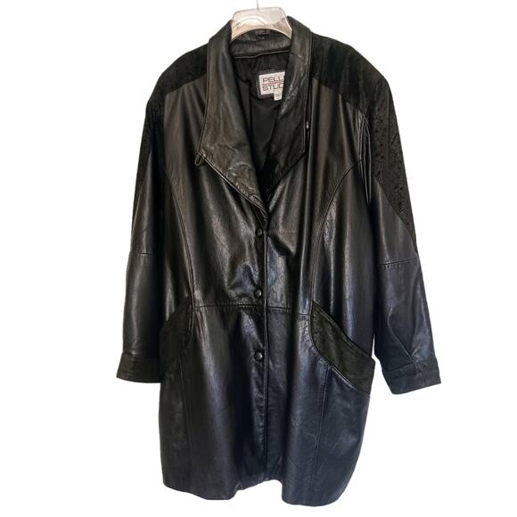 Y2K Leather Coat TEXTURED DETAIL Size L BLACK Patterned Accents Oversized Snaps - Picture 10 of 16